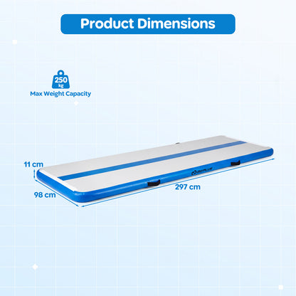 The gymnastic mat shown with arrows indicating its length, width and height dimensions