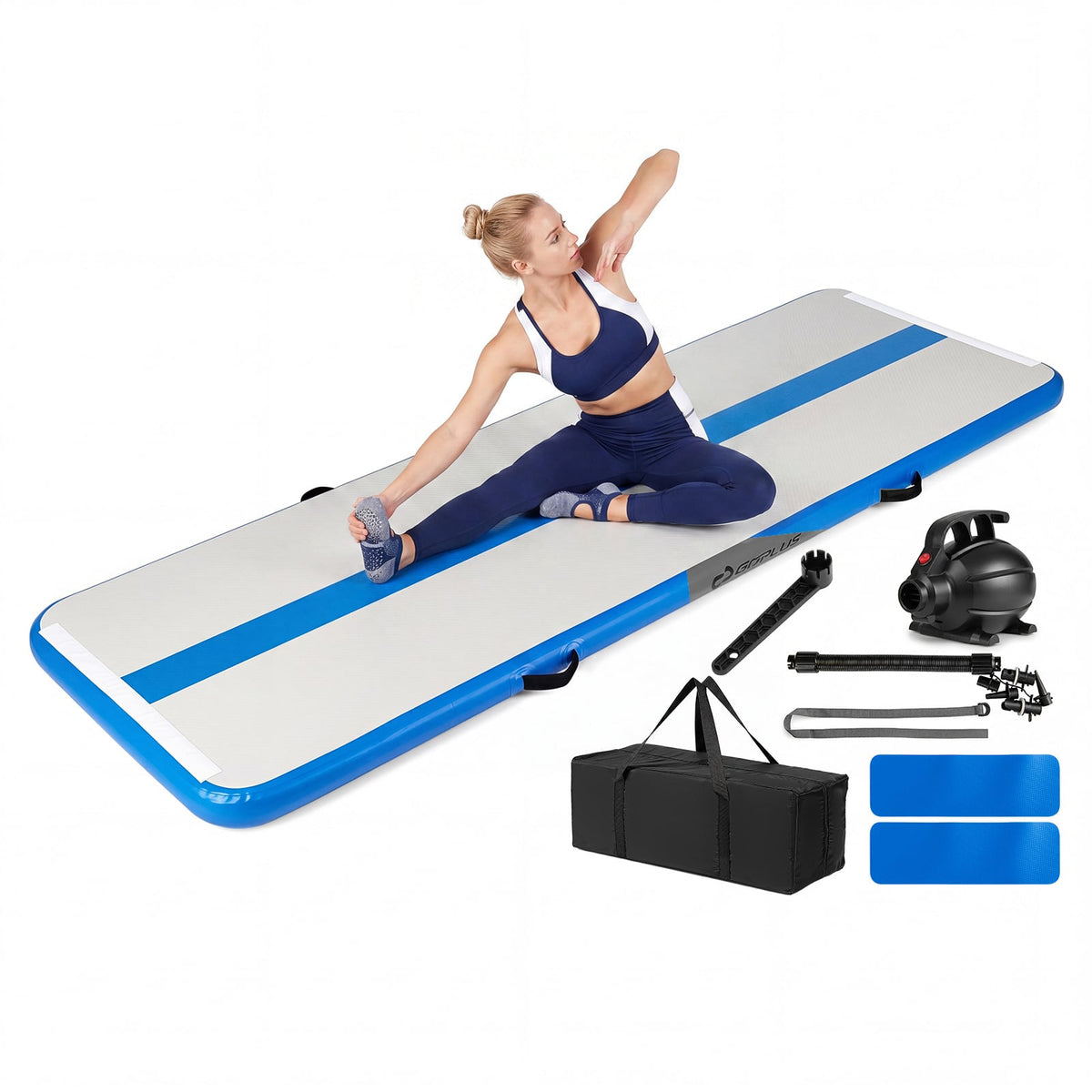 The gymnastic mat with a woman performing a stretching exercise on its surface