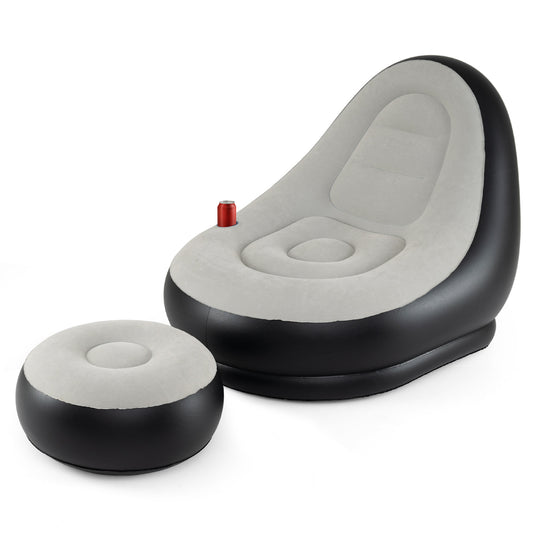 Inflatable Lounge Sofa with Ottoman and Flocked Surface in grey with a built-in cup holder