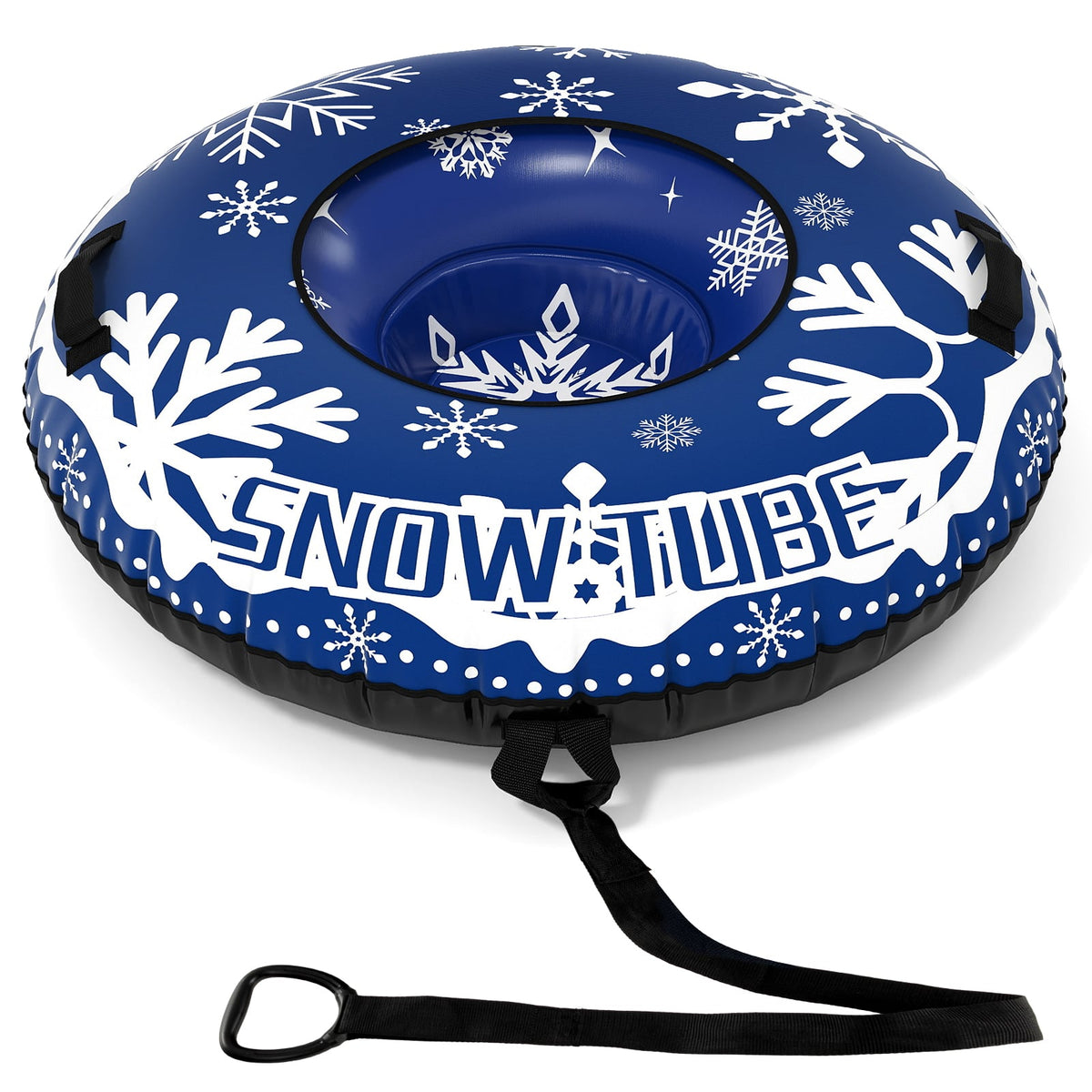Close-up of the blue inflatable snow tube showing the snowflake pattern and handles