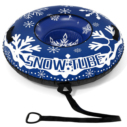 Close-up of the blue inflatable snow tube showing the snowflake pattern and handles
