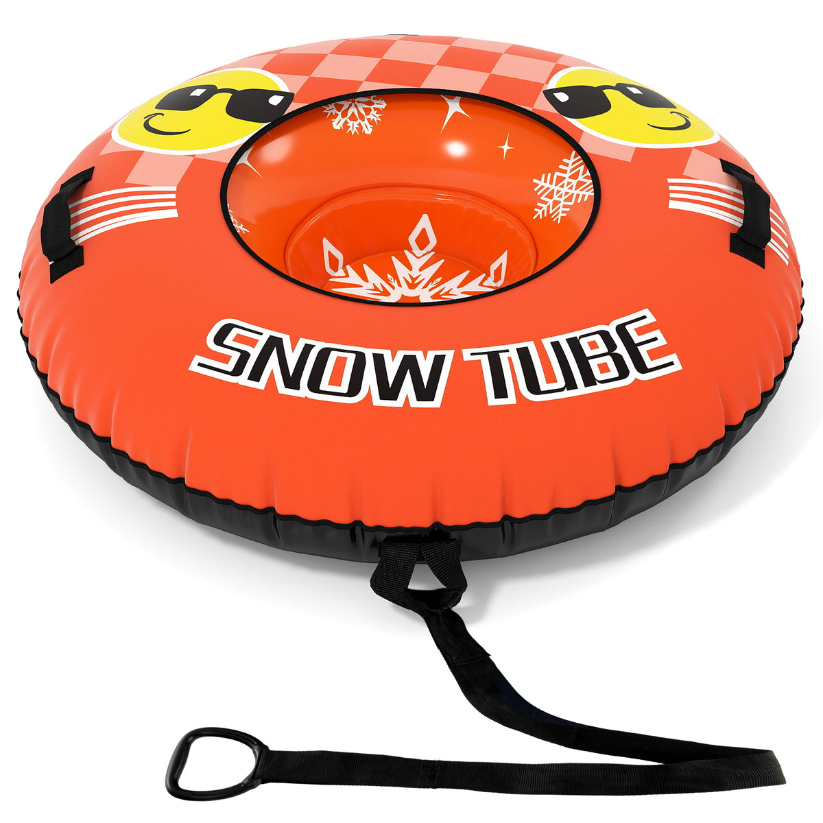The sport equipment in orange with a black tow strap attached for pulling on the snow