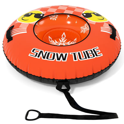 The sport equipment in orange with a black tow strap attached for pulling on the snow