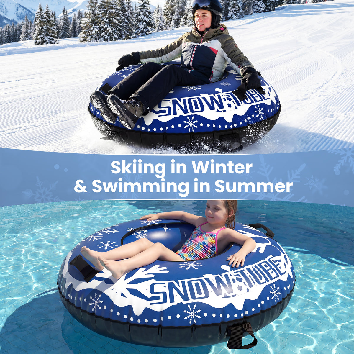 Collage showing the inflatable snow tube being used for winter sledding and summer swimming