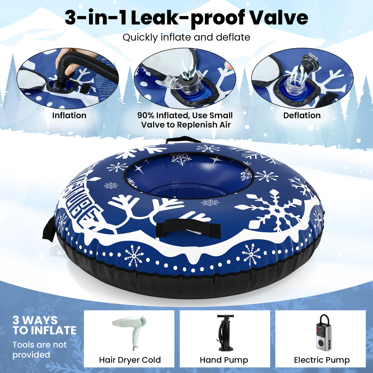 Instructions for inflating and deflating the inflatable snow tube using various pumps