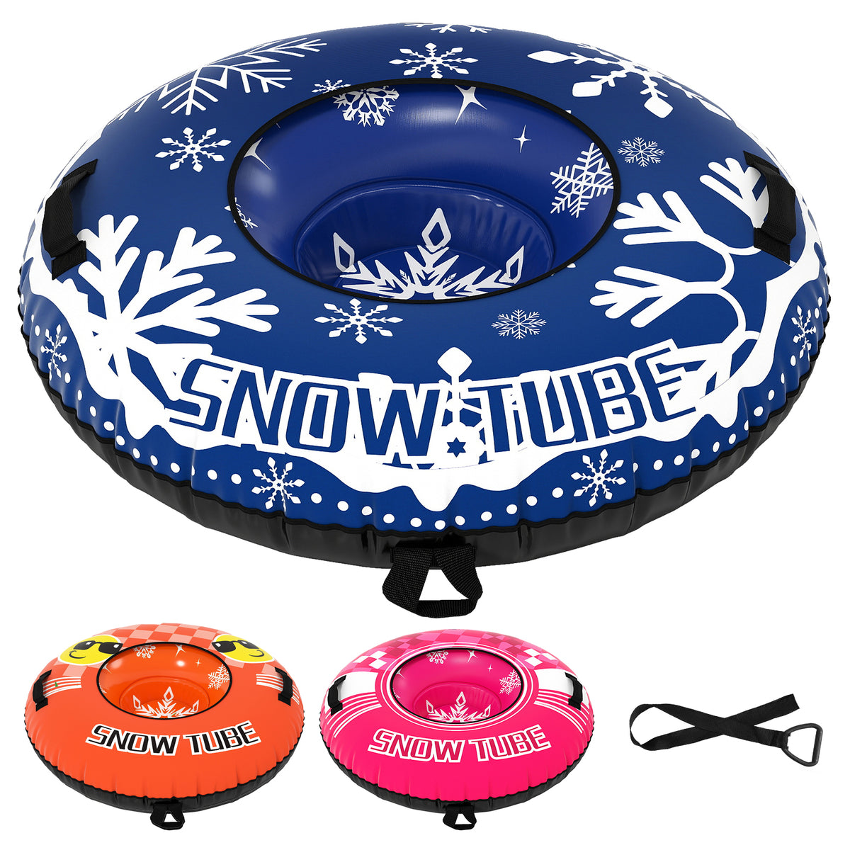 Inflatable Snow Tube Heavy-duty Snow Sledding Tube with detachable tow strap in blue with white snowflakes