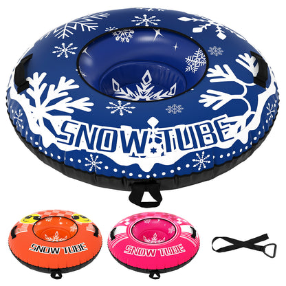 Inflatable Snow Tube Heavy-duty Snow Sledding Tube with detachable tow strap in blue with white snowflakes
