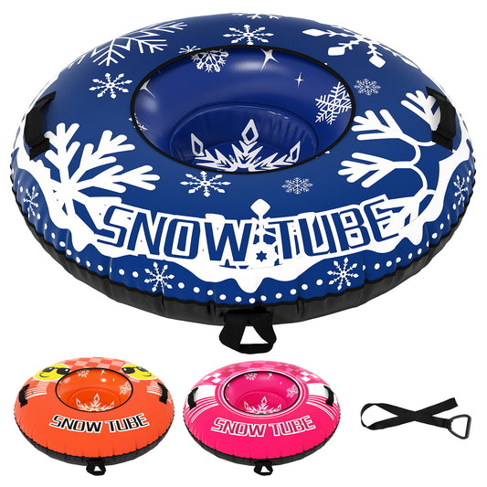 Inflatable Snow Tube Heavy-duty Snow Sledding Tube with detachable tow strap in blue with white snowflakes