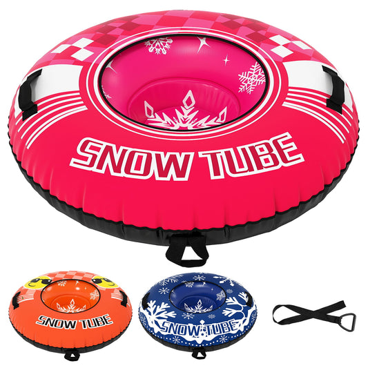 Inflatable Snow Tube Heavy-duty Snow Sledding Tube in pink, orange and blue designs with a tow strap