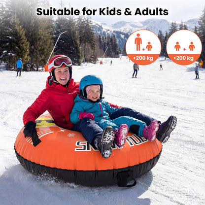 An orange inflatable snow tube with two children sitting on it, suitable for kids and adults