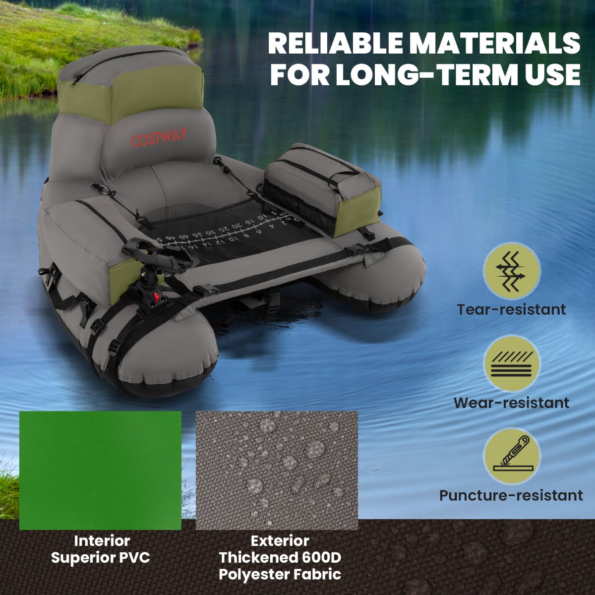 Inflatable Fishing Float Tube Portable Fishing Boat with Shoulder Straps-Green