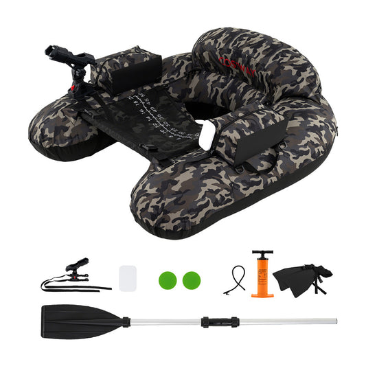 Inflatable Float Tube Fishing River Float with adjustable fishing rod holder in camouflage pattern, with accessories