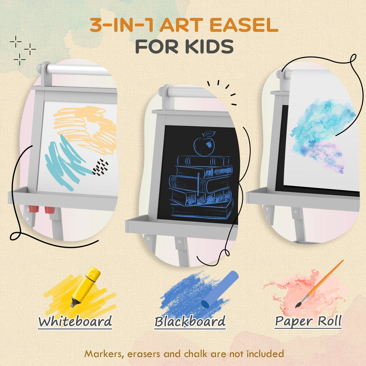 Close up of the three functions of the kids art easel: whiteboard, chalkboard and paper roll