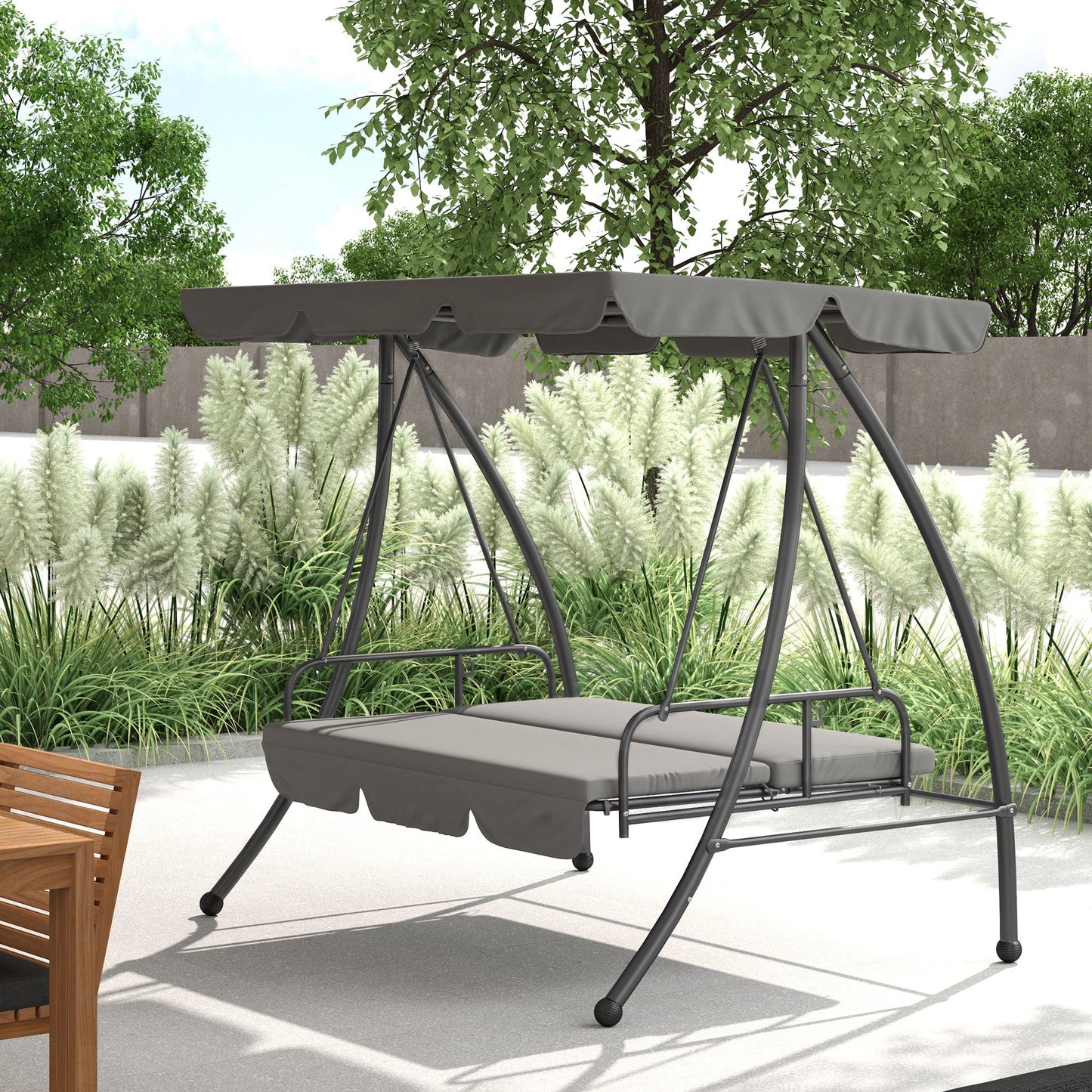 Outsunny Outdoor 2-in-1 Swing Chair Lounger 3 Seater Garden Swing Seat Bed Convertible Tilt Canopy W/ Cushion, Light Grey