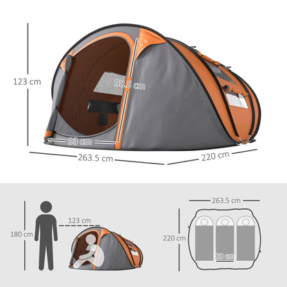 Outsunny 4 Person Pop-up Camping Tent Family Tent with Ground Sheet, 4 Windows and Portable Carry Bag for Beach Outdoor Trip, Orange