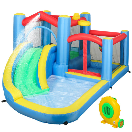 AIYAPLAY Inflatable Bouncy Castle with 550W Blower, Basketball Hoop, Long Slide, Dart Board, Carrying Bag, 385 x 290 x 180 cm