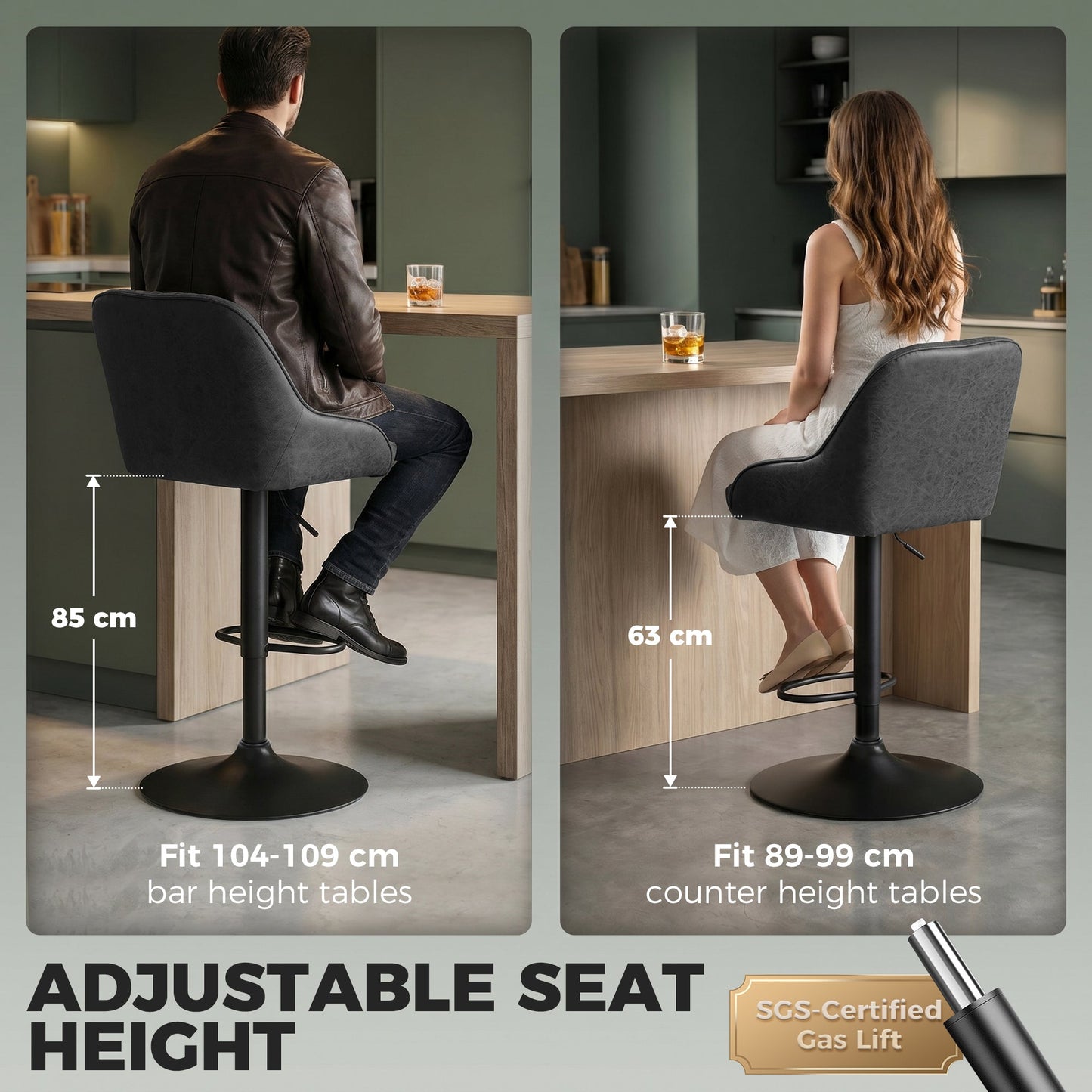 HOMCOM Bar Stools Adjustable Swivel Kitchen Chairs with Backrest Set of 2 for Kitchen Island Black