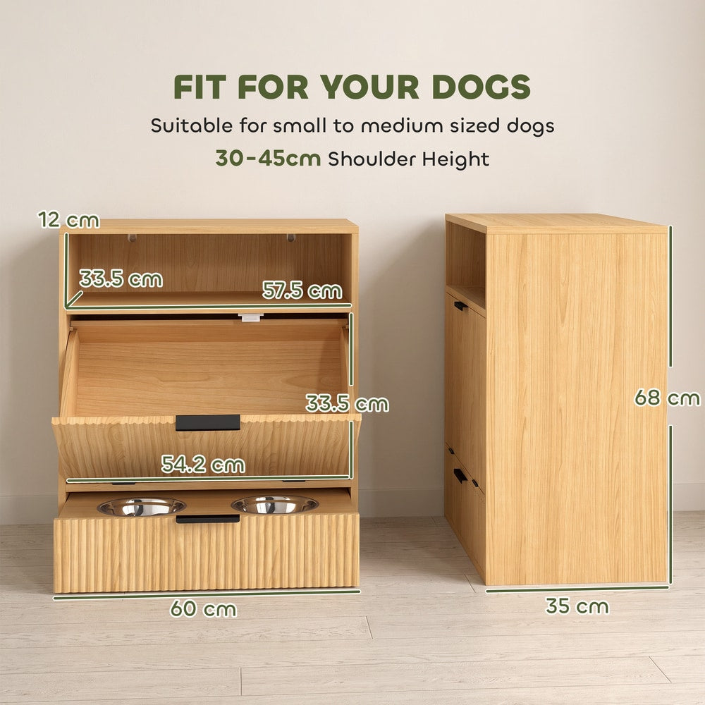 PawHut Pet Feeder Station with Storage, Dog Food Storage Container w/ 2 Raised Bowls, Tilt Out Cabinet, Slow Feeder Mat