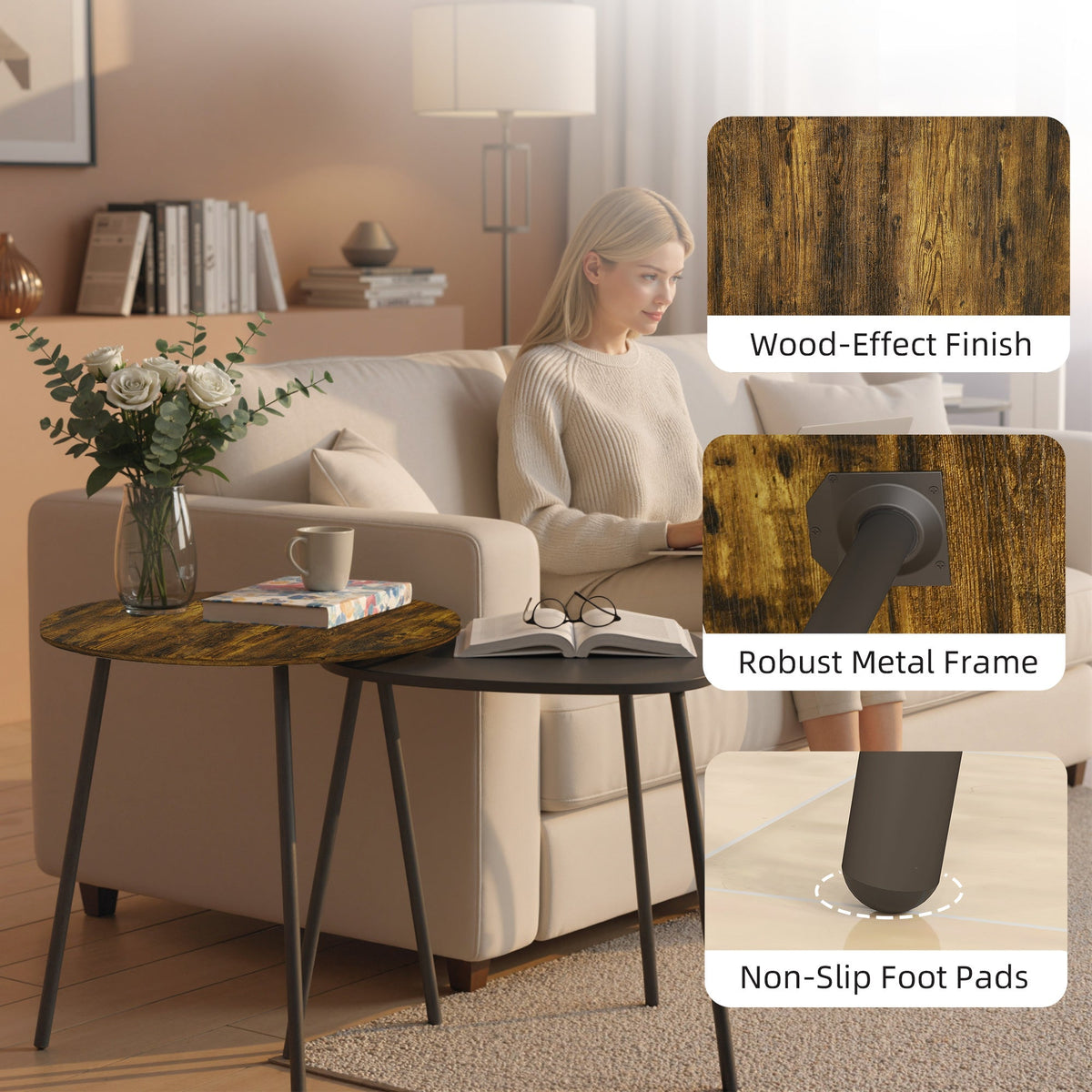 HOMCOM Nesting Side Table Set of 2 - Rustic Brown