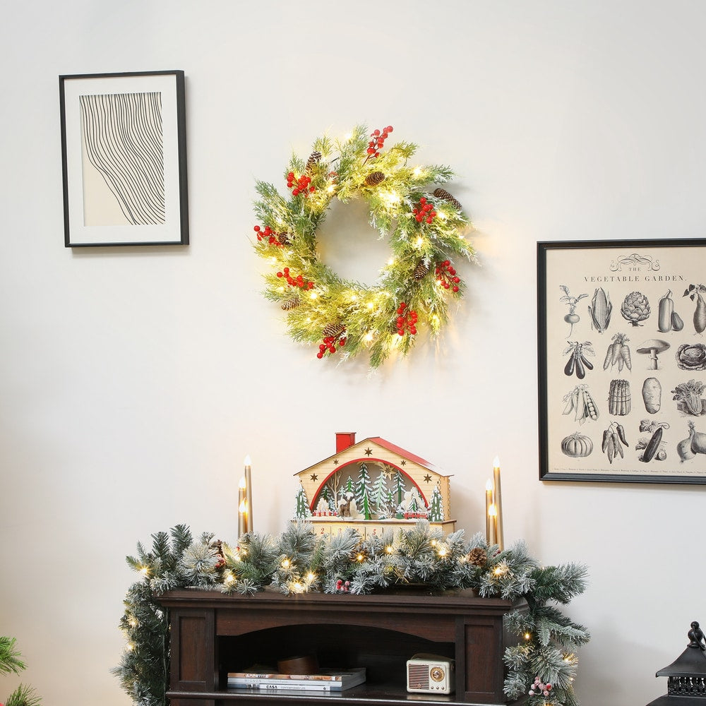HOMCOM 60 cm Prelit Christmas Wreath in Green and White