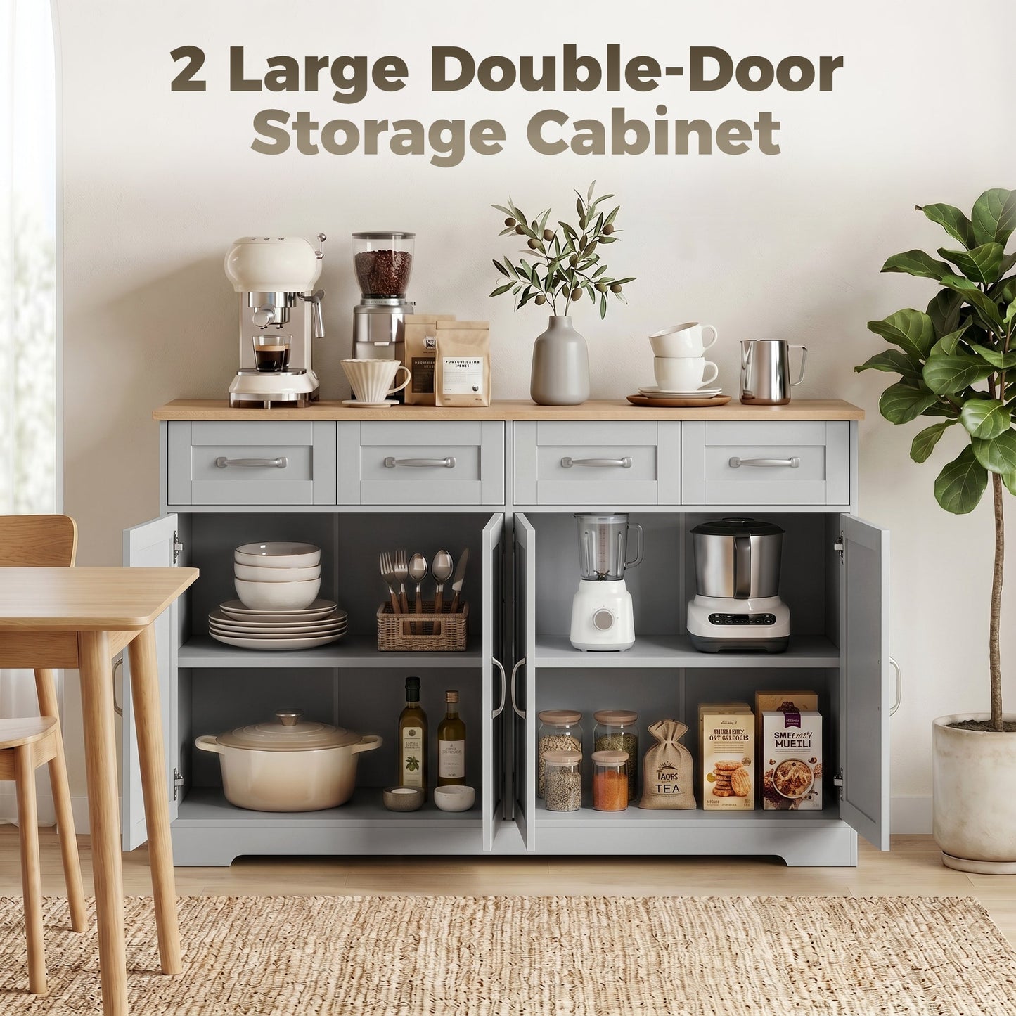 HOMCOM Sideboard Buffet Cabinet, 140 cm Kitchen Storage Cabinet with 4 Drawers, 4 Doors and 2 Adjustable Shelves, Grey