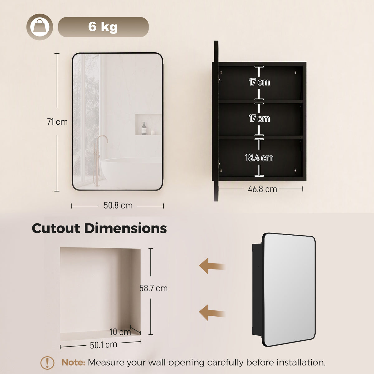 HOMCOM 50.8 x 11.6 x 71 cm Bathroom Mirror Cabinet, Wall Cabinet with Adjustable Shelves, Wall-Mounted or Recessed, Black