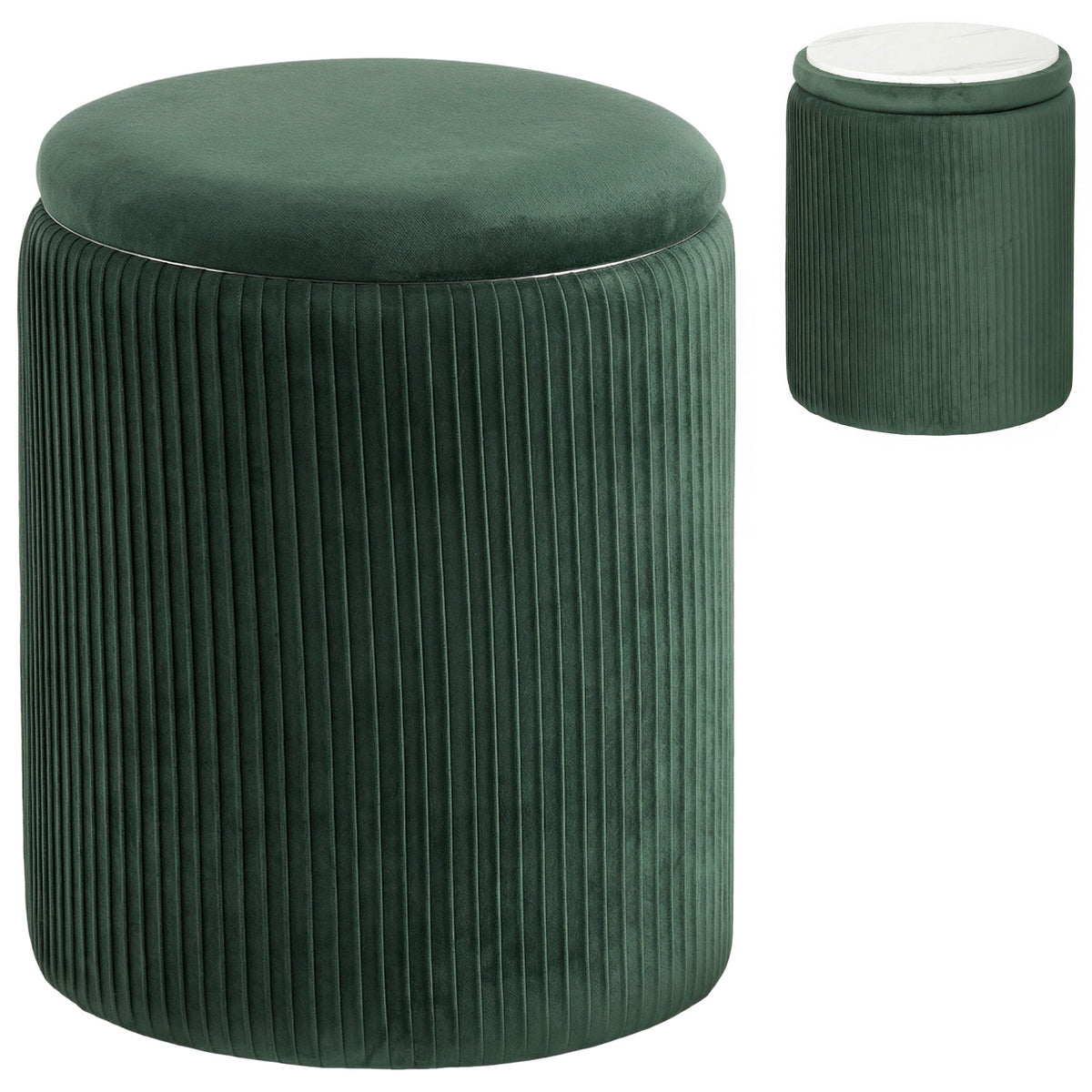 HOMCOM Storage Ottoman مسند قدم دائري عصري مخملي لغرفة المعيشة وغرفة النوم 45 سم أخضر داكن