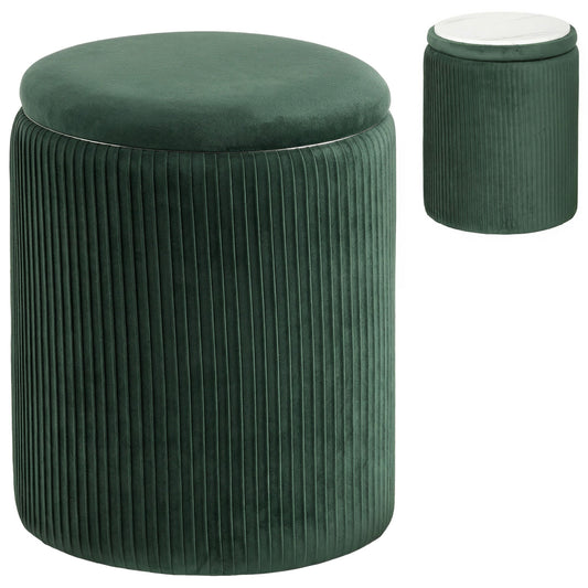 HOMCOM Storage Ottoman مسند قدم دائري عصري مخملي لغرفة المعيشة وغرفة النوم 45 سم أخضر داكن