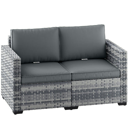 Outsunny 2 Seater Rattan Sofa, Outdoor Garden Sofa with Deep Seat, Cushions, Wide Armrests for Patio, Balcony, Porch, Mixed Grey