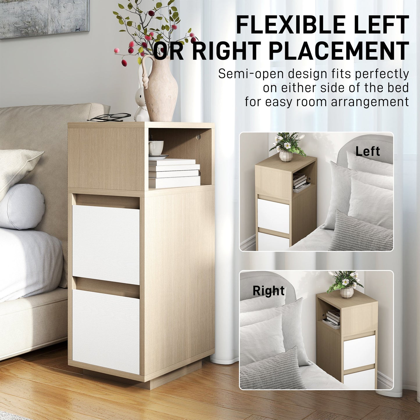 HOMCOM Slim Bedside Table, Narrow Bedside Cabinet with Open Shelf and 2 Drawers for Bedroom, Living Room, Natural Wood Finish