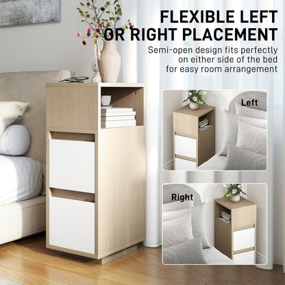 HOMCOM Slim Bedside Table, Narrow Bedside Cabinet with Open Shelf and 2 Drawers for Bedroom, Living Room, Natural Wood Finish