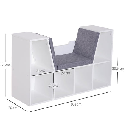 HOMCOM Bookcase Storage Shelf with Cushioned Reading Seat, Cube Bookshelf Organizer for Bedroom Living Room, White