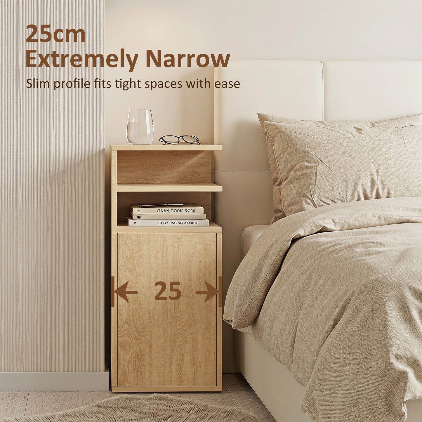 HOMCOM Slim Bedside Table Set of 2, Narrow Bedside Cabinet with Open Cubbies and Cupboard for Bedroom Living Room, Oak