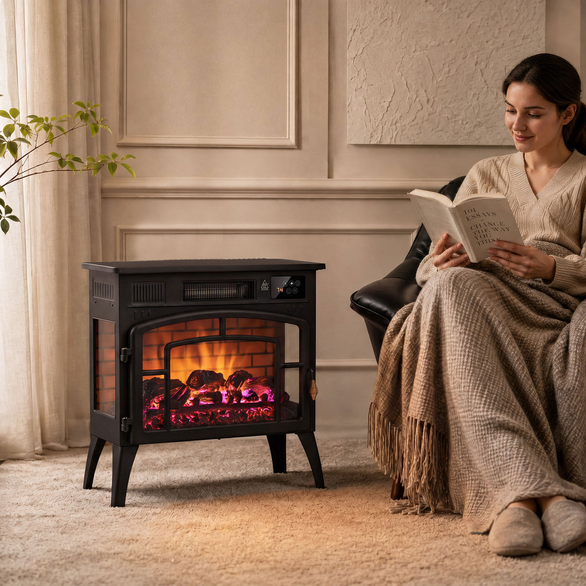 HOMCOM Smart Electric Fireplace Stove Log Burner in Black