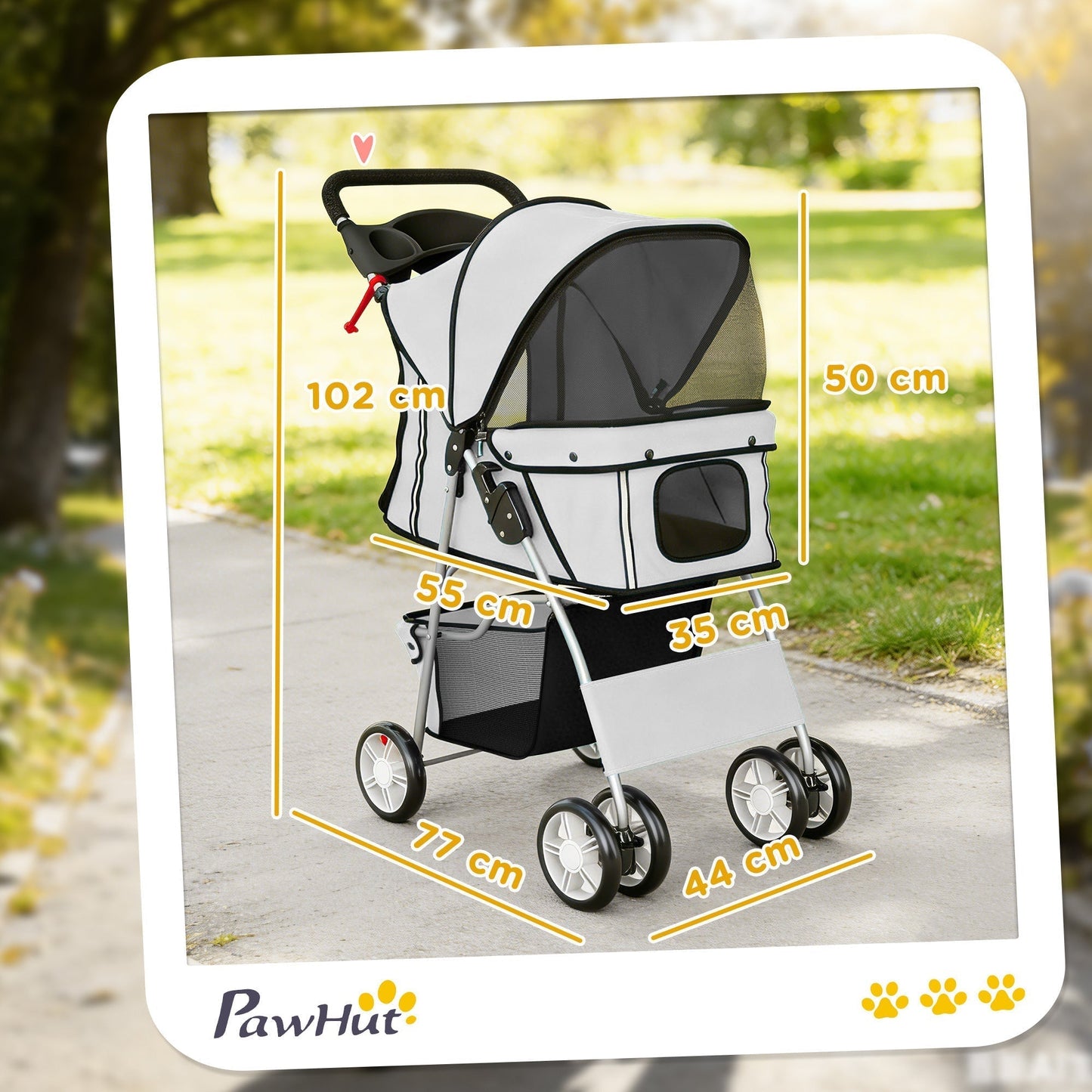 PawHut Dog Pram, Pet Stroller with Reflective Strips, Foldable Cat Stroller with 360 degrees Swivel Wheels, Grey