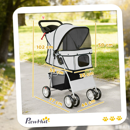 PawHut Dog Pram, Pet Stroller with Reflective Strips, Foldable Cat Stroller with 360 degrees Swivel Wheels, Grey