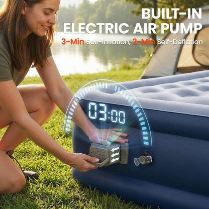 Outsunny Inflatable Mattress, Single Air Bed with Built-in Electric Pump, 3 Mins Inflation, Flocked Surface, Grey