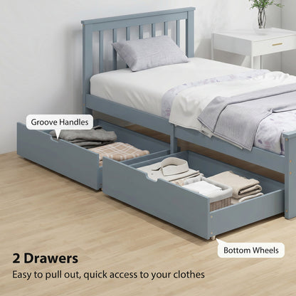 HOMCOM Pine Storage Bed, 3ft Single Solid Wooden Bed Frame with Drawers, Headboard, Wood Slat Support, Grey