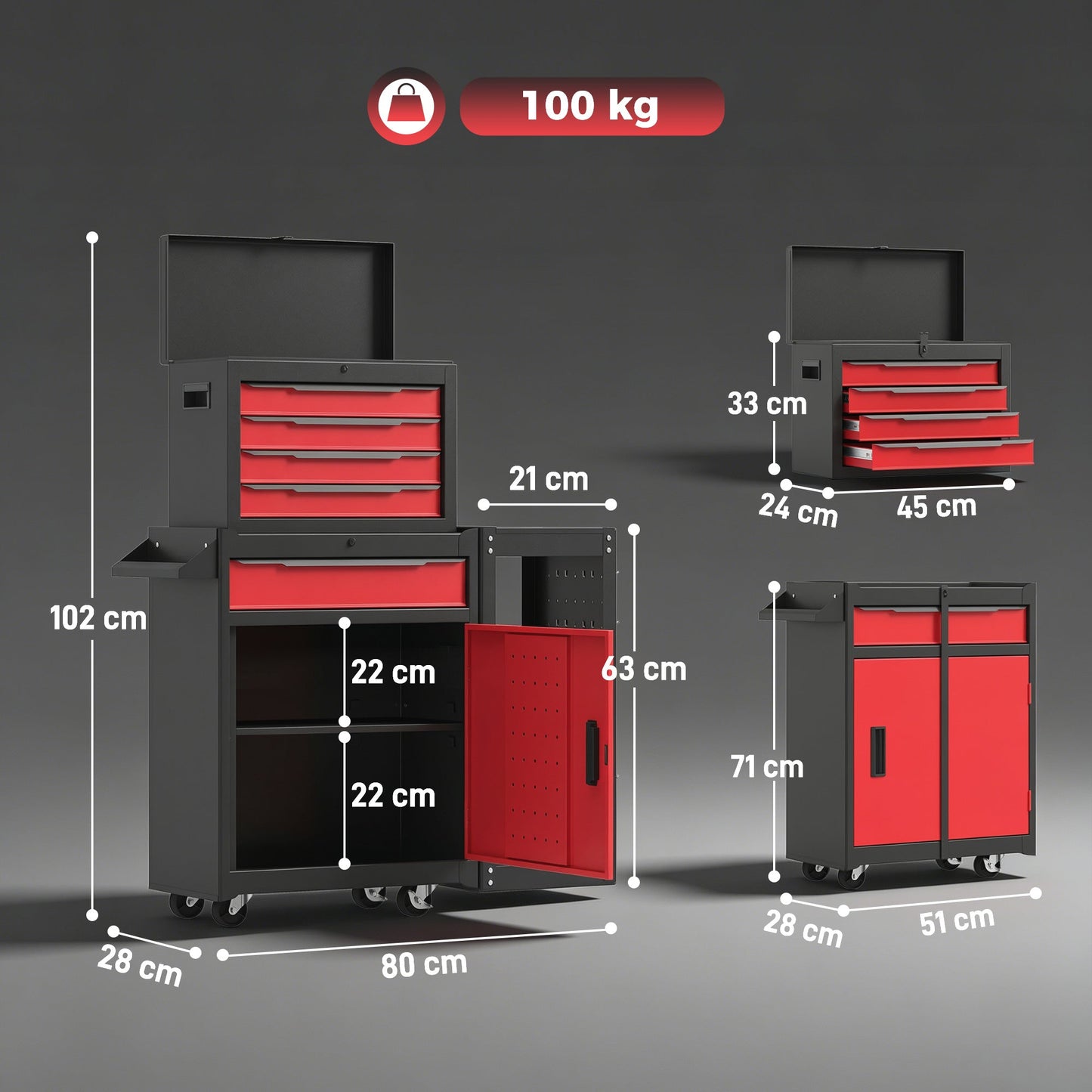 HOMCOM Tool Chest, Mobile Modular Tool Box with 5 Drawers, Side Rack, Pegboard, Lock, Tool Cabinet for Garage Workshop, Red