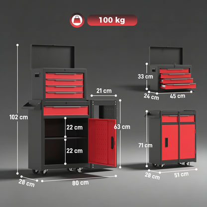 HOMCOM Tool Chest, Mobile Modular Tool Box with 5 Drawers, Side Rack, Pegboard, Lock, Tool Cabinet for Garage Workshop, Red