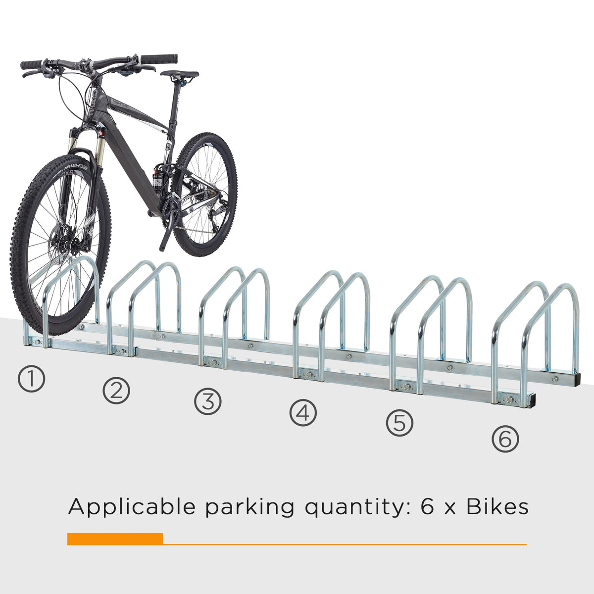 The metal cycle rack with a bicycle parked in the first slot to show capacity