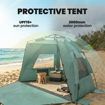 خيمة شاطئ بوب أب تتسع لشخصين أو ثلاثة من أوتساني، مظلة شمسية بعامل حماية من الشمس UPF15+ مع أرضية ممتدة، وأكياس رمل، ونوافذ شبكية، وحقيبة حمل، لون أخضر