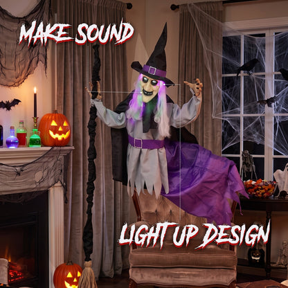 HOMCOM 200cm Life Size Animated Flying Witch Halloween Decorations Outdoor Indoor, Scary Halloween Animatronics Decor