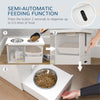 PawHut Raised Dog Bowls w/ Slow Feeder Mat, Storage Cabinet, Three Stainless Steel Bowls, Semi Auto Dispenser Function, White