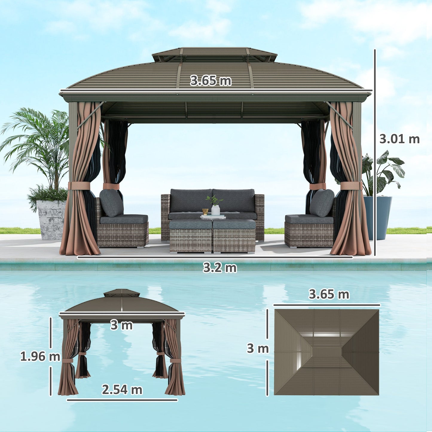 مظلة خارجية Outsunny 3.65 × 3 متر بسقف صلب من الفولاذ مع إطار من الألومنيوم، سقف مزدوج، جدران شبكية وستائر، لون بني