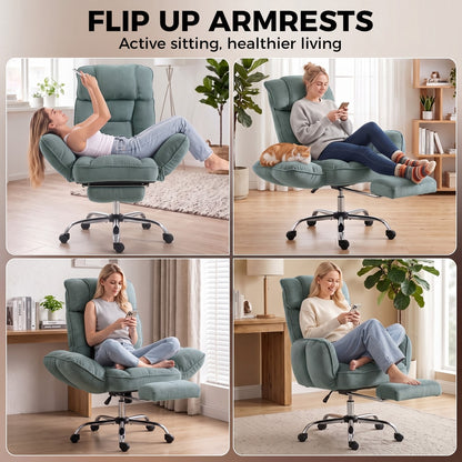 HOMCOM Executive Office Chair Height Adjustable Desk Chair Reclining Flip-up Armrest Footrest, Light Green