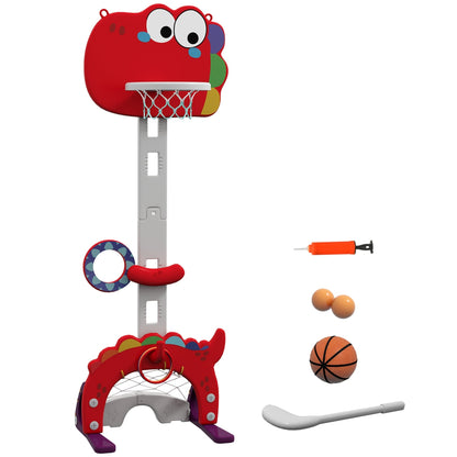 AIYAPLAY 5-in-1 Dinosaur Basketball Set with Adjustable Basketball Stand and Golf Game, Indoor for Boys Girls, Red