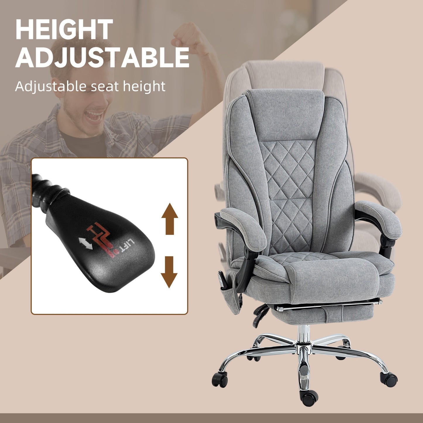 Vinsetto Massage Office Chair, Heated Reclining Computer Chair with Adjustable Height and Footrest, Grey