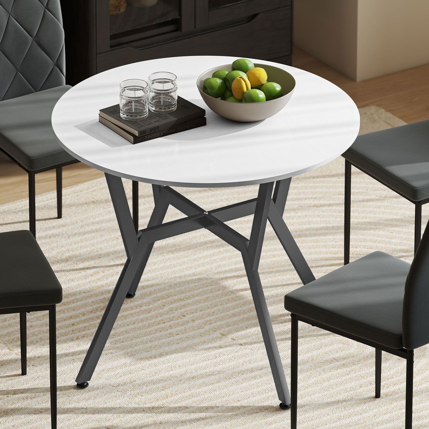 طاولة طعام HOMCOM، طاولة مطبخ مستديرة بأرجل سوداء لغرفة المعيشة، غرفة الطعام 90 × 76 سم، أبيض شديد اللمعان