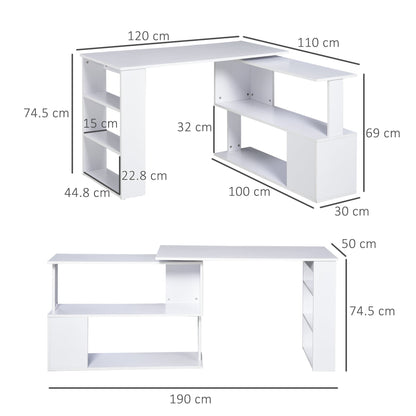 HOMCOM Corner Computer Desk, L Shaped Desk with 360 degrees Rotating Bookshelf, 120L x 110W x 74.5H cm, White